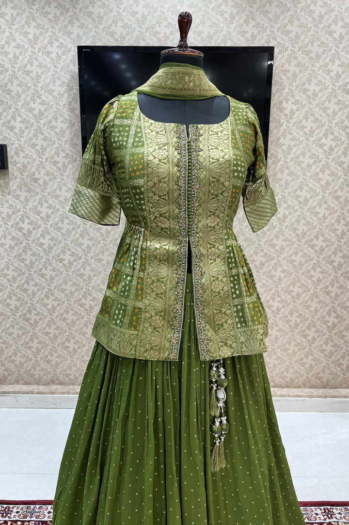 Leaf Green Banaras, Zari and Sequins work with Bandini Print Peplum Style Lehenga - Seasons Chennai