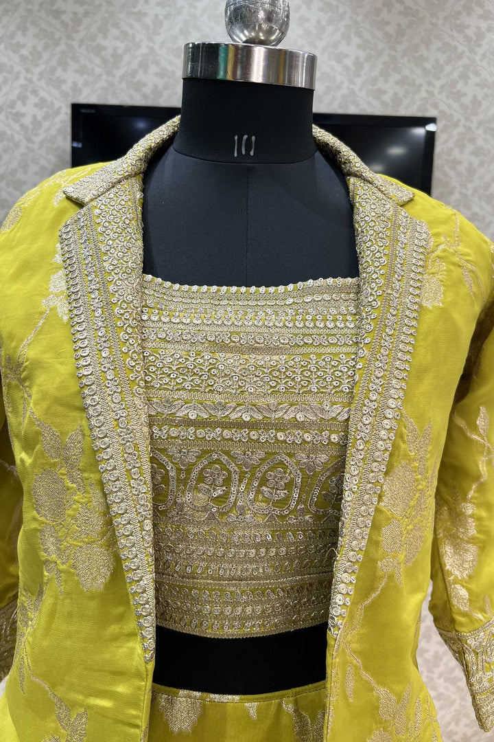 Liril Green Banaras, Sequins and Zari work Overcoat Styled Crop Top Lehenga - Seasons Chennai