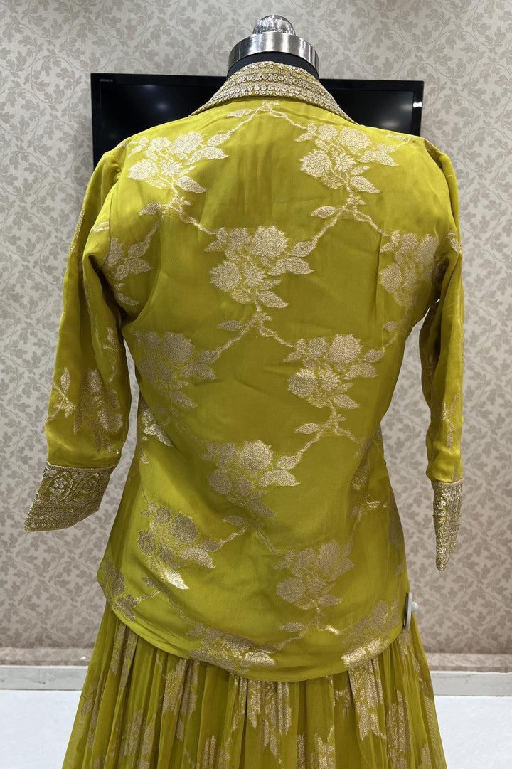 Liril Green Banaras, Sequins and Zari work Overcoat Styled Crop Top Lehenga - Seasons Chennai