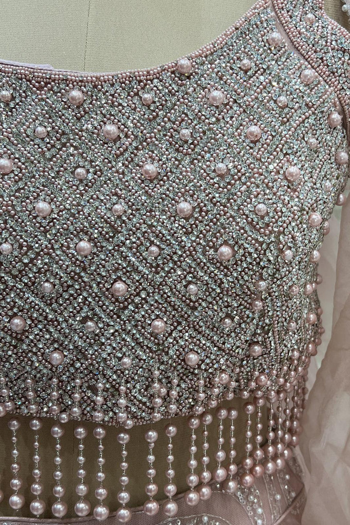 Onion Pink Stone, Pearl, Beads, Sequins and Zari Thread work Crop Top Lehenga - Seasons Chennai