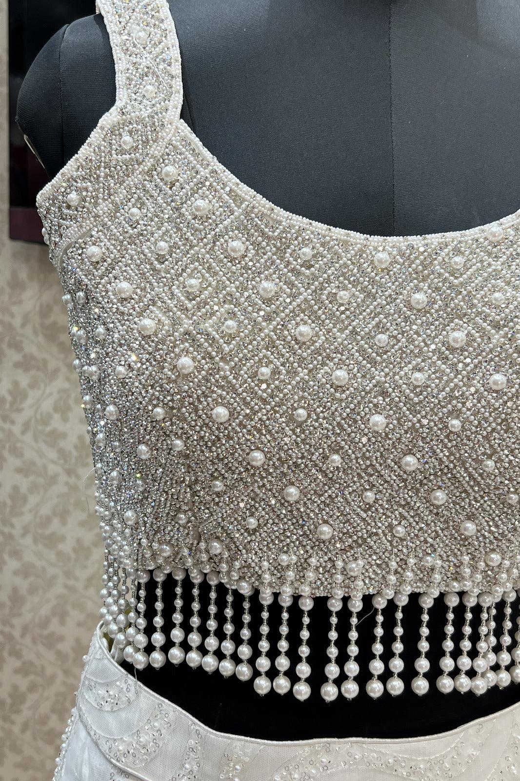 Half White Stone, Pearl, Beads, Sequins and Zari Thread work Crop Top Lehenga - Seasons Chennai