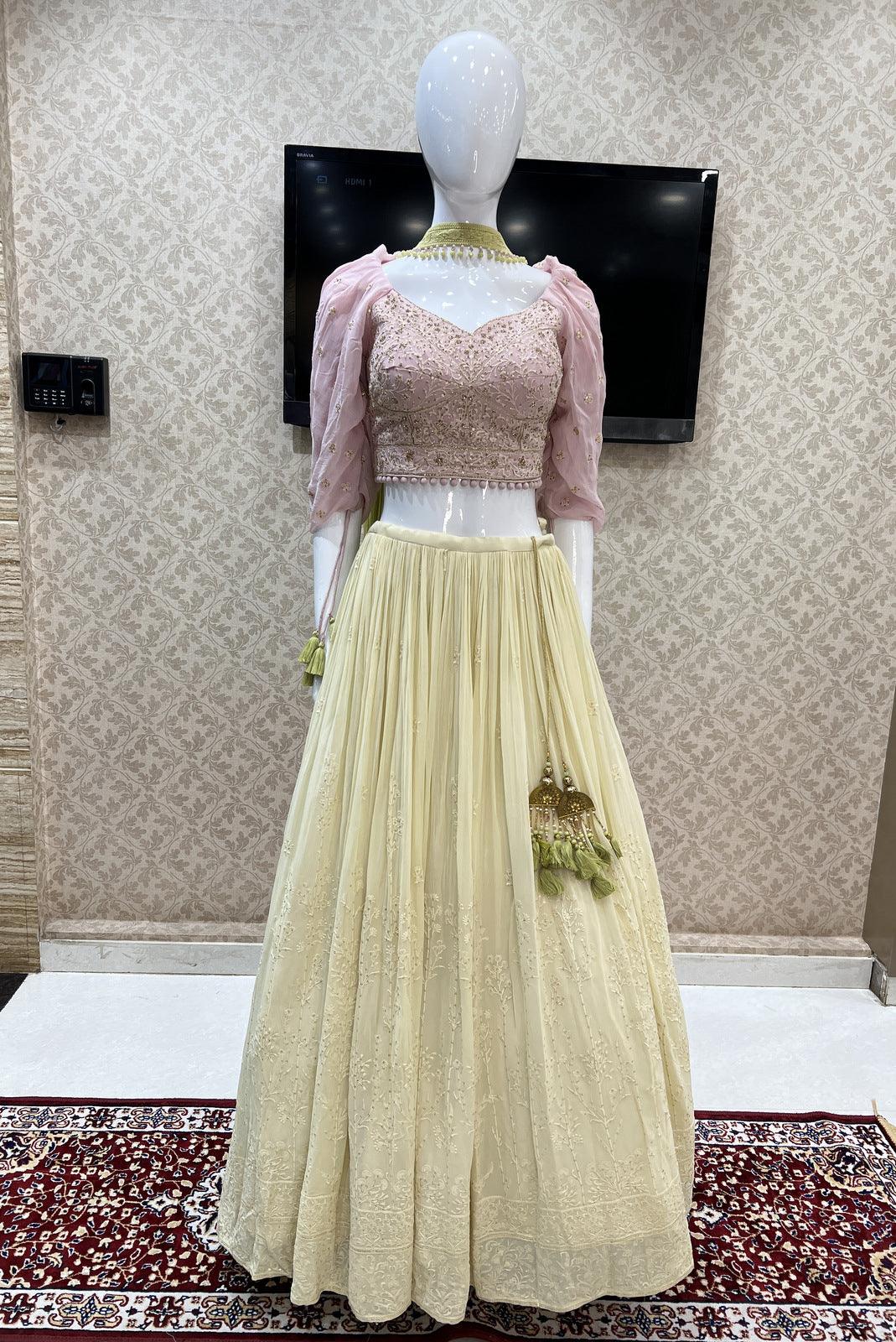 Pink with Cream Thread, Beads and Sequins work Crop Top Lehenga - Seasons Chennai