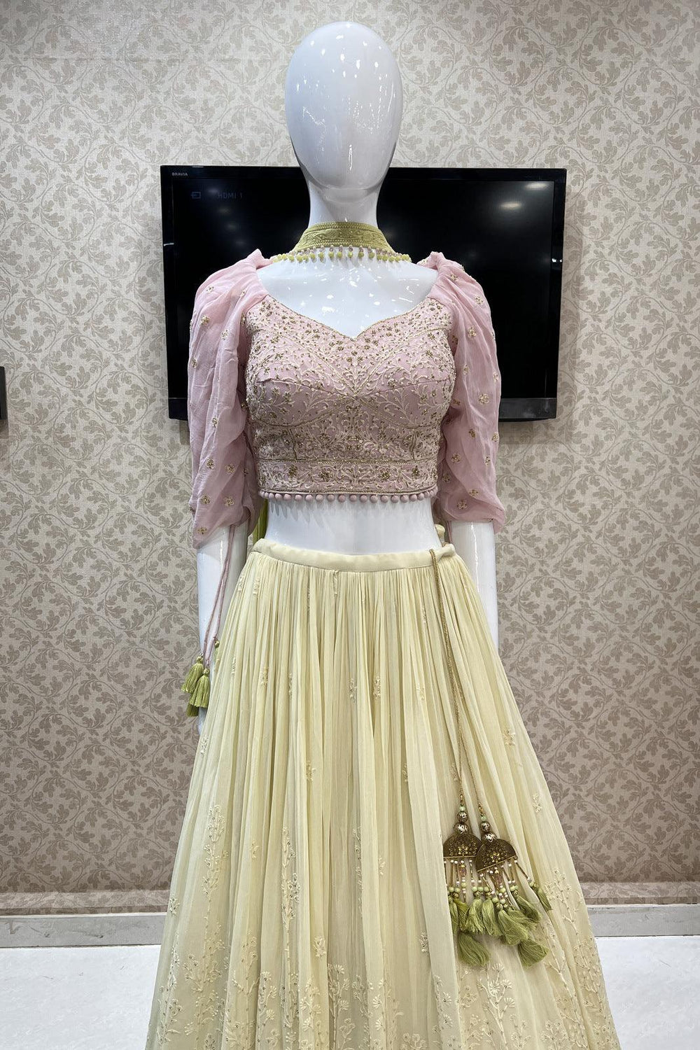 Pink with Cream Thread, Beads and Sequins work Crop Top Lehenga - Seasons Chennai