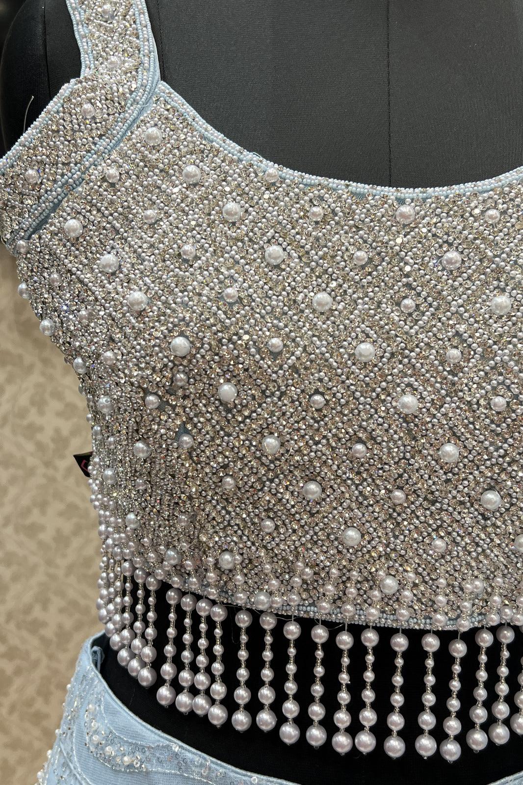 Sky Blue Stone, Pearl, Beads, Sequins and Zari Thread work Crop Top Lehenga - Seasons Chennai