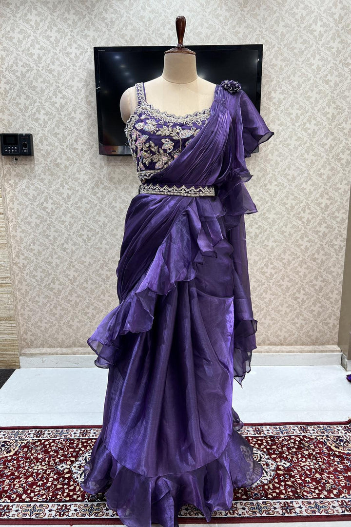 Purple Readymade Fancy Saree and Readymade Designer Blouse with Belt - Seasons Chennai