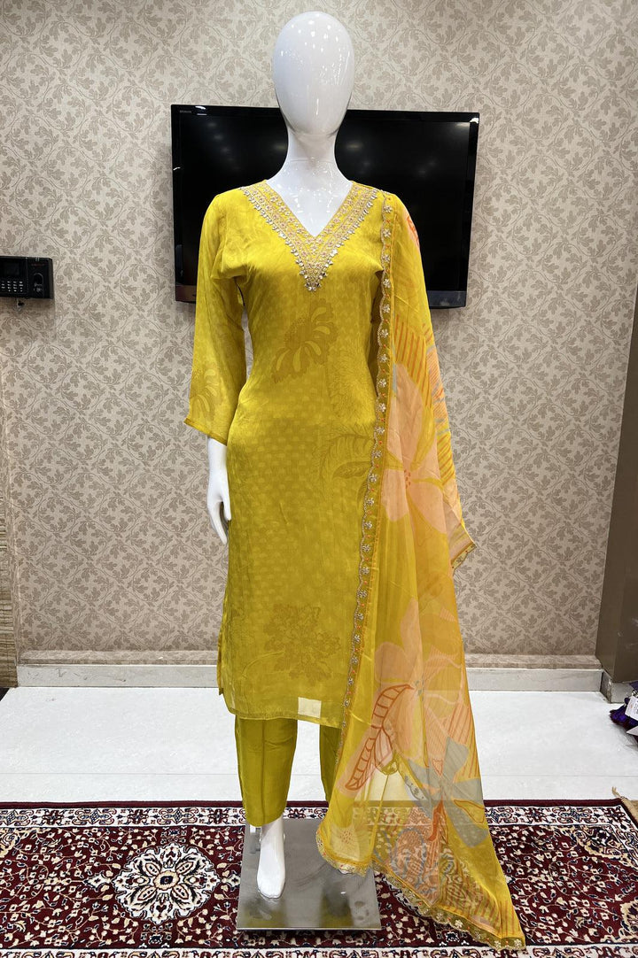 Lemon Yellow Printed, Zari, Sequins and Mirror work Straight Cut Salwar Suit - Seasons Chennai