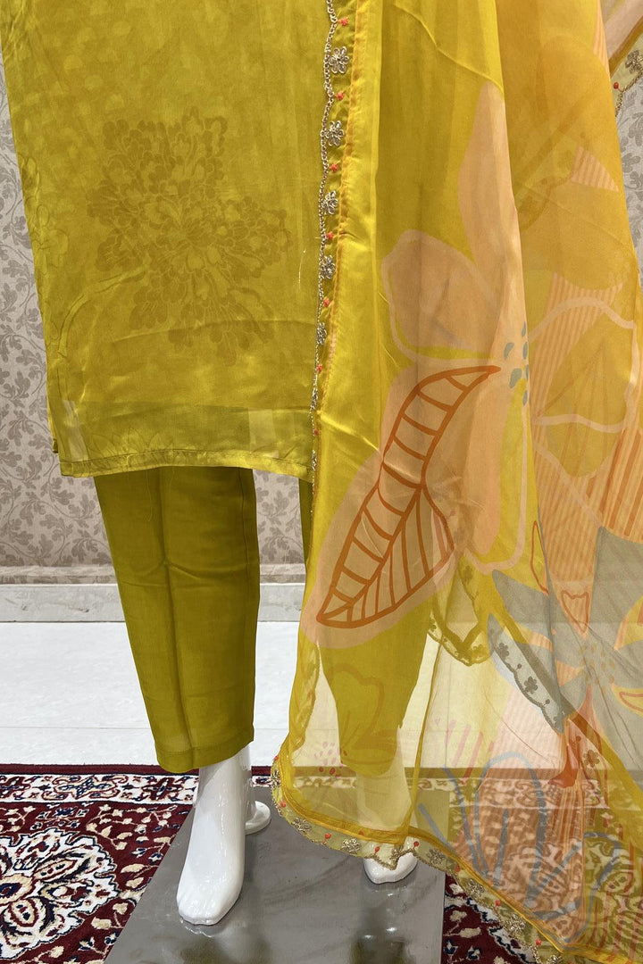 Lemon Yellow Printed, Zari, Sequins and Mirror work Straight Cut Salwar Suit - Seasons Chennai