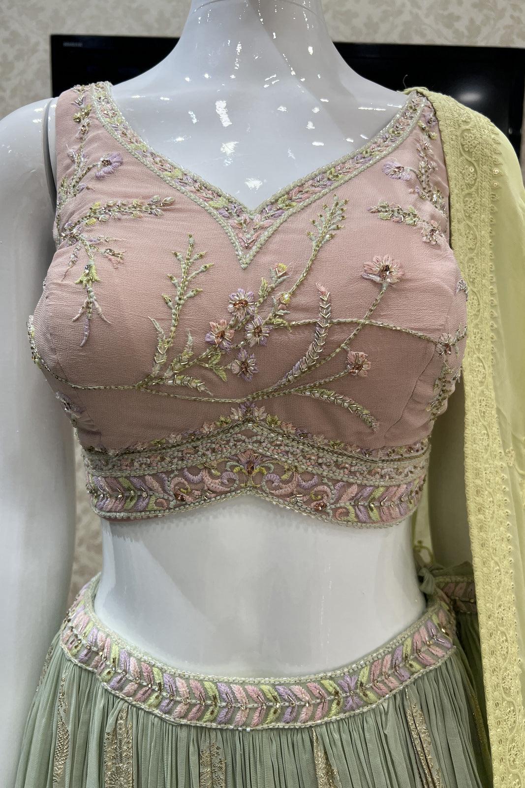 Onion Pink with Pista Green Embroidery, Beads, Banaras and Stone work Crop Top Lehenga - Seasons Chennai