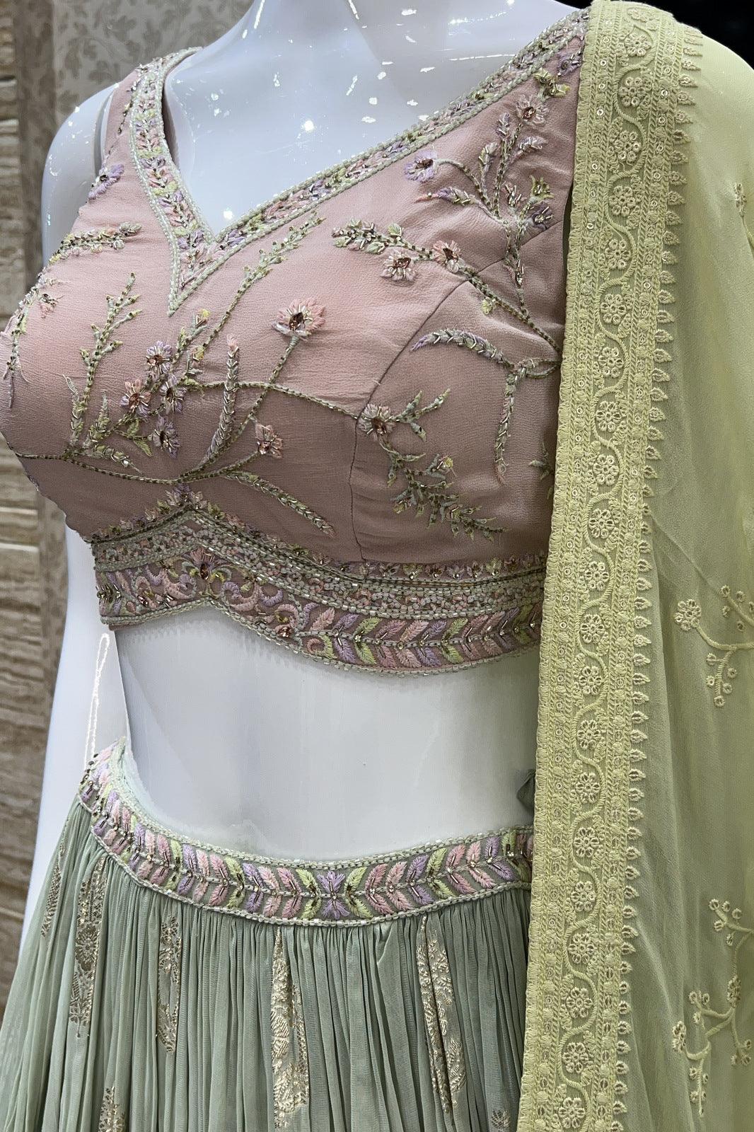 Onion Pink with Pista Green Embroidery, Beads, Banaras and Stone work Crop Top Lehenga - Seasons Chennai