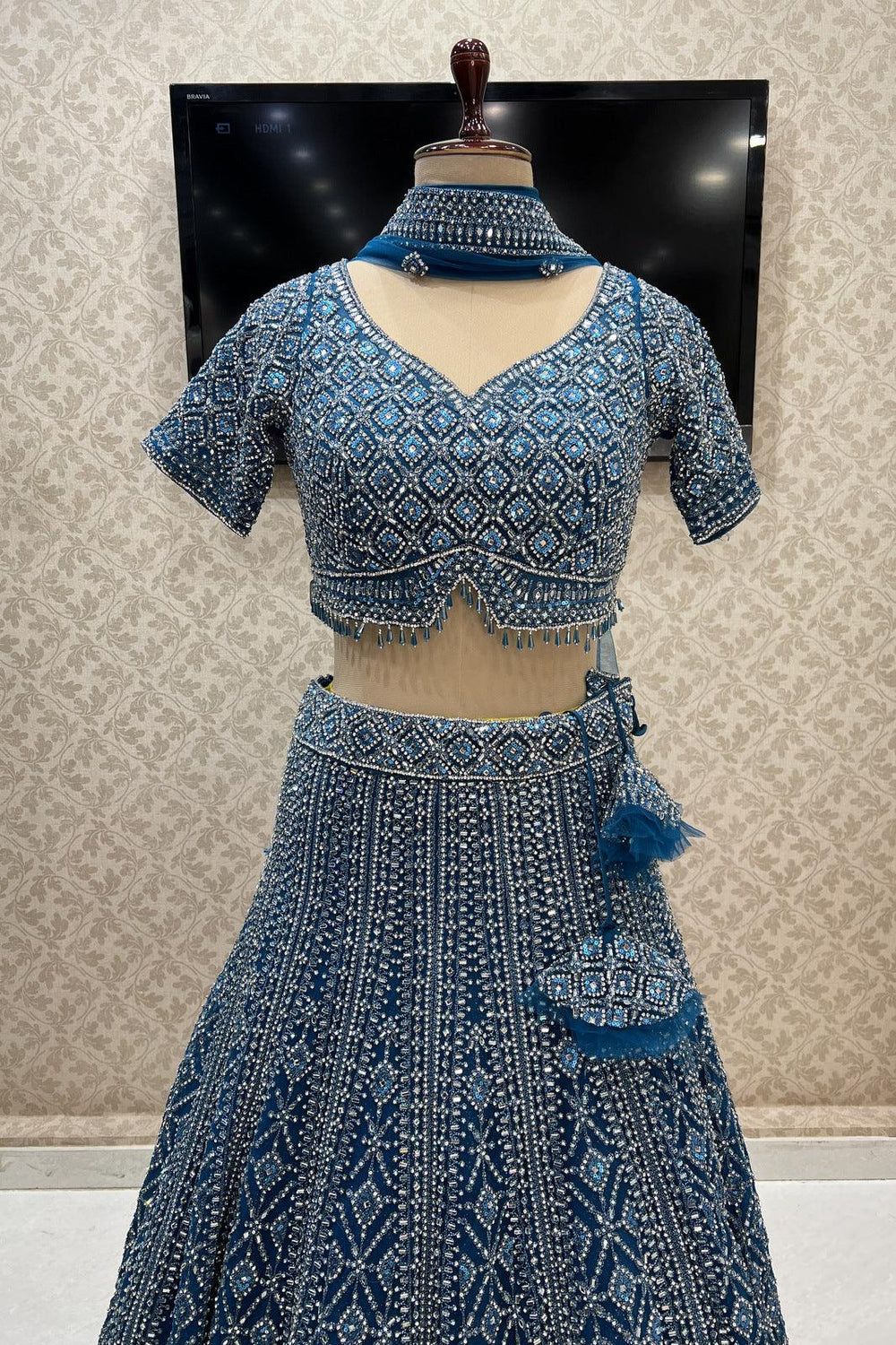 Rama Blue Stone, Mirror and Sequins work Crop Top Designer Bridal Lehenga - Seasons Chennai