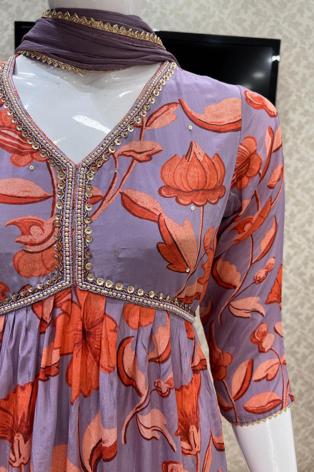 Lavender with Brick Red Floral Print Alia Cut Salwar with Straight Pant Set - Seasons Chennai