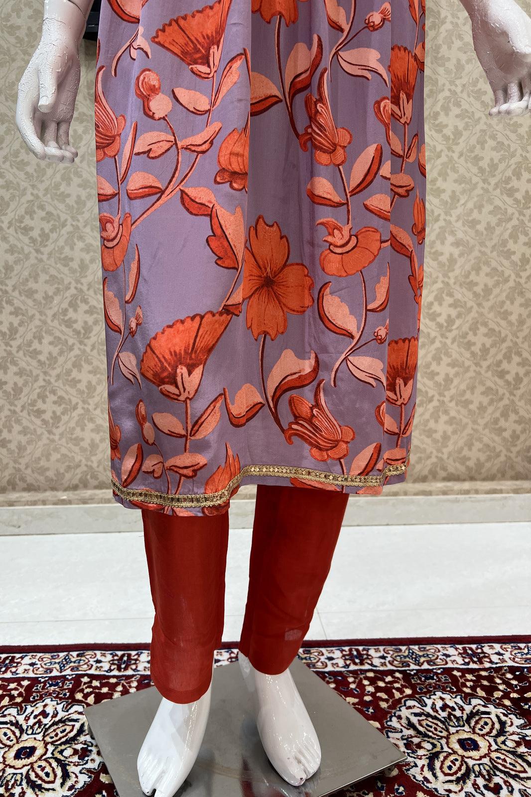 Lavender with Brick Red Floral Print Alia Cut Salwar with Straight Pant Set - Seasons Chennai