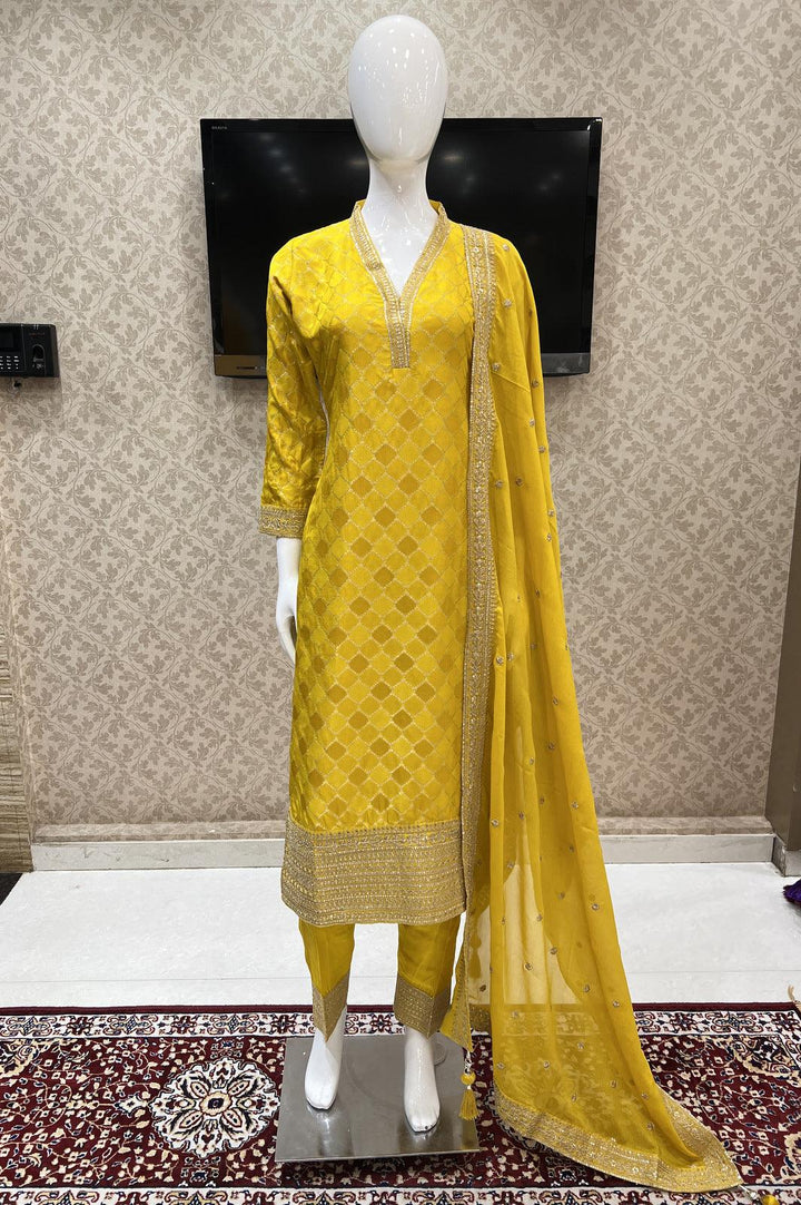 Yellow Zari, Sequins and Banaras work Straight Cut Salwar Suit - Seasons Chennai