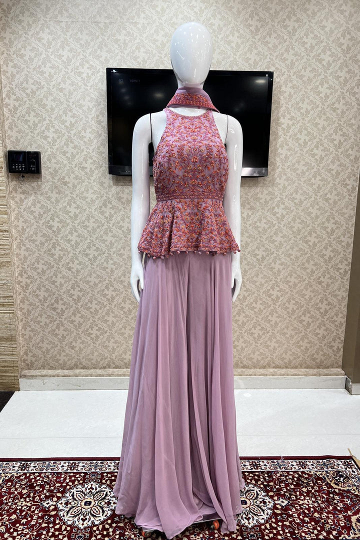 Lilac Multicolor Embroidery, Stone, Beads and Sequins work Peplum Top with Palazzo Suit Set - Seasons Chennai