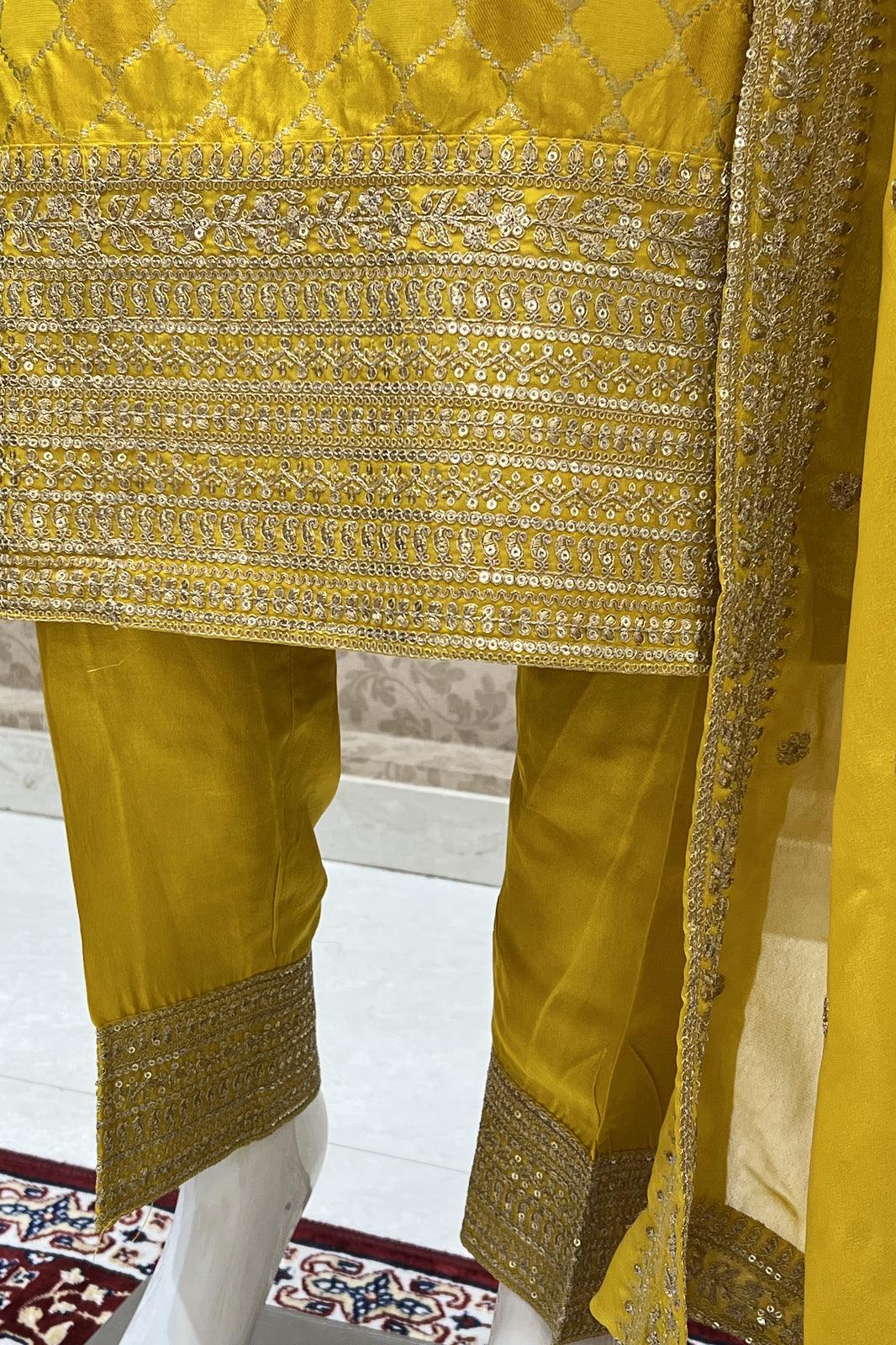 Yellow Zari, Sequins and Banaras work Straight Cut Salwar Suit - Seasons Chennai