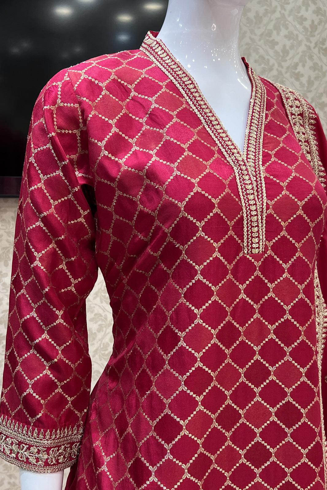 Rani Pink Zari, Sequins and Banaras work Straight Cut Salwar Suit - Seasons Chennai