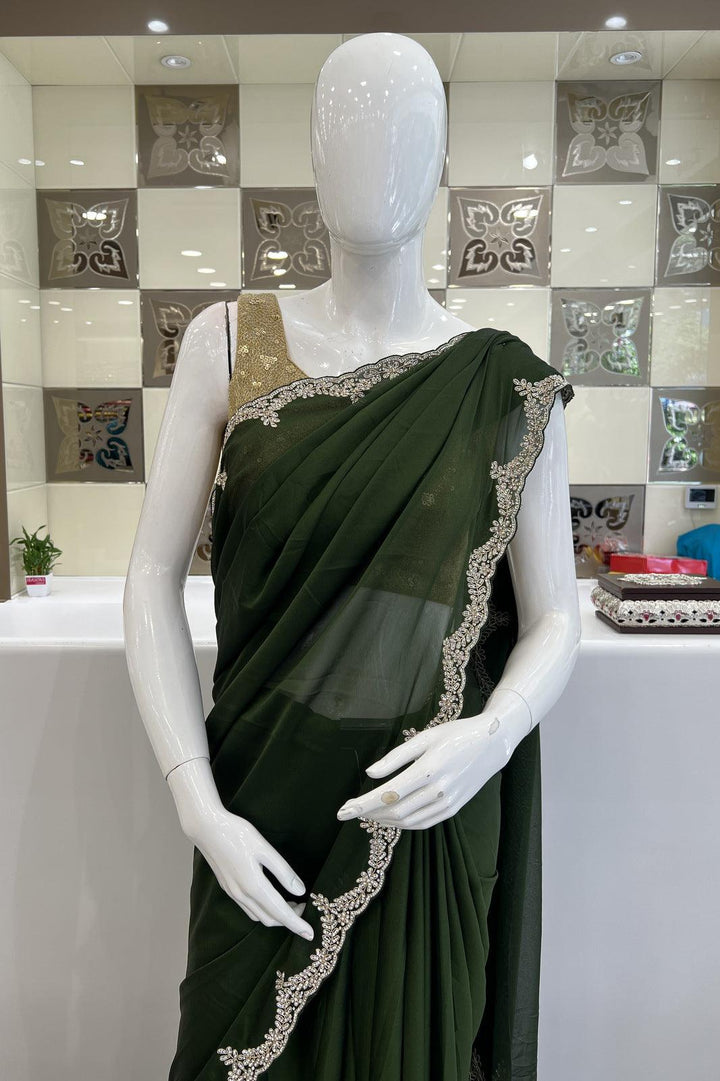 Mehendi Green Stone and Zari Thread work Saree with Matching Unstitched Designer Blouse - Seasons Chennai