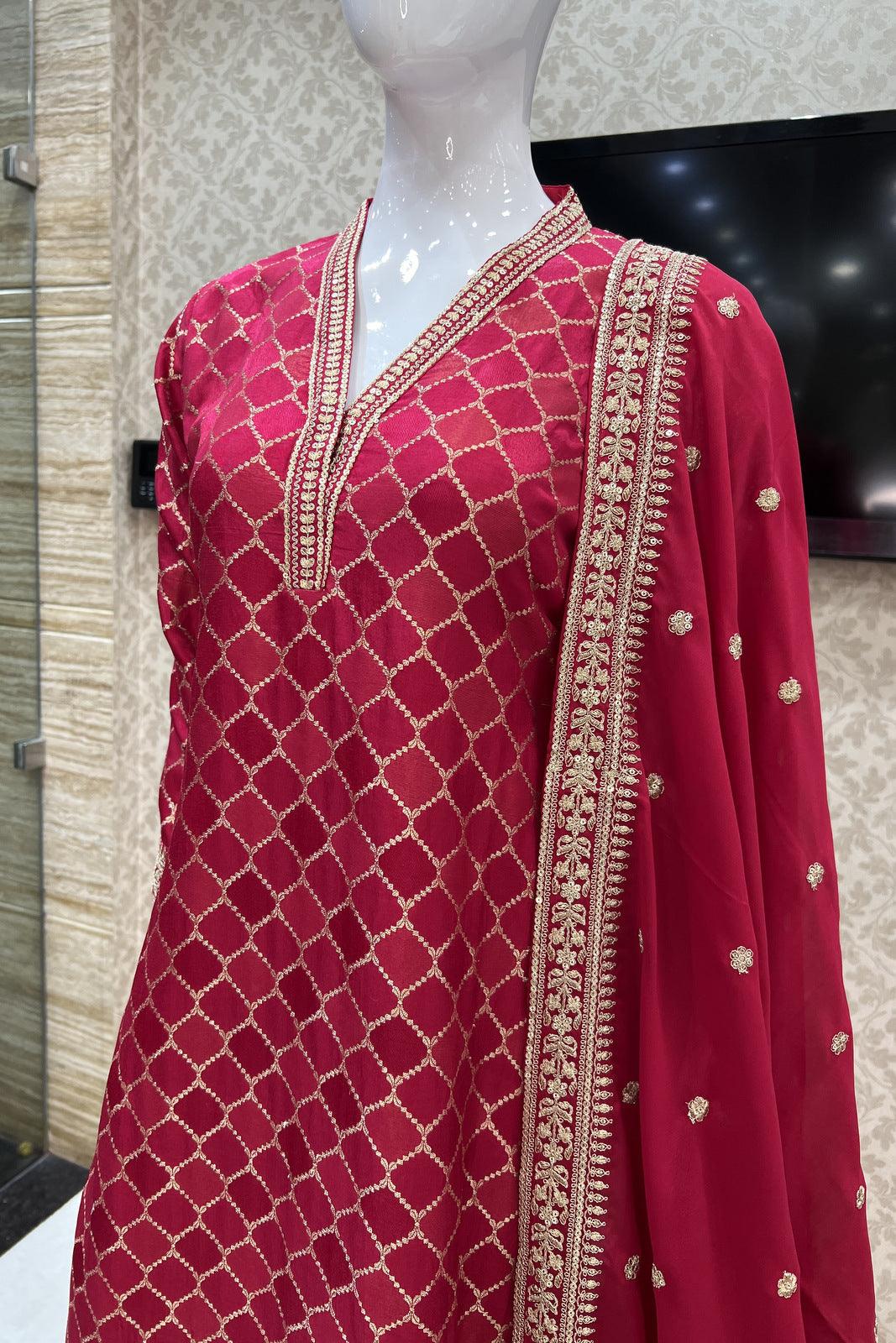 Rani Pink Zari, Sequins and Banaras work Straight Cut Salwar Suit - Seasons Chennai