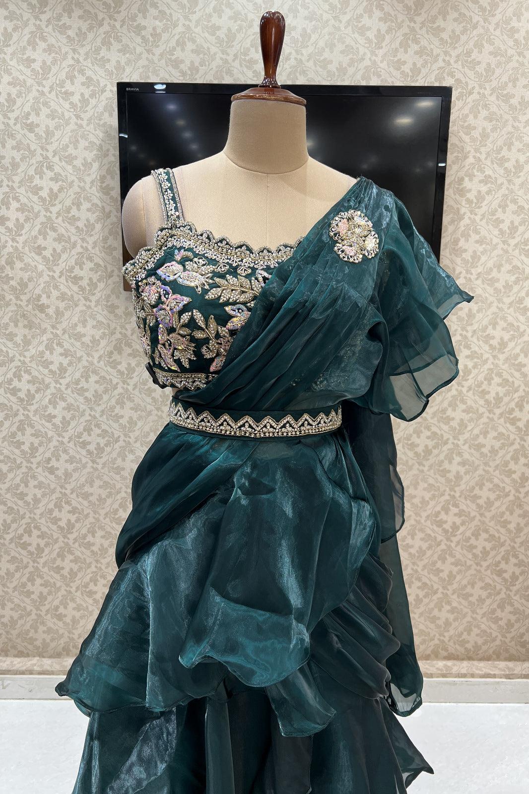 Bottle Green Readymade Fancy Saree and Readymade Designer Blouse with Belt - Seasons Chennai
