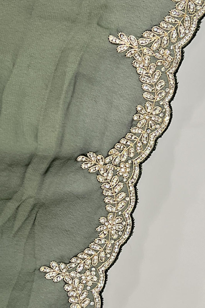 Mehendi Green Stone and Zari Thread work Saree with Matching Unstitched Designer Blouse - Seasons Chennai