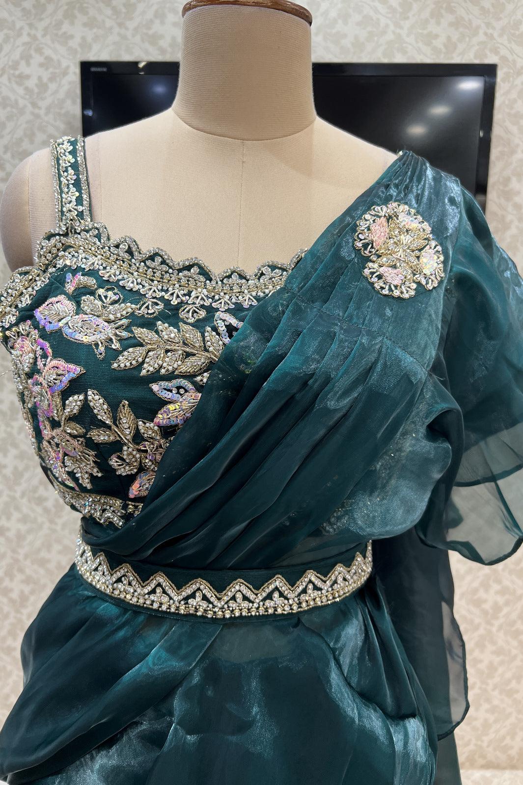 Bottle Green Readymade Fancy Saree and Readymade Designer Blouse with Belt - Seasons Chennai