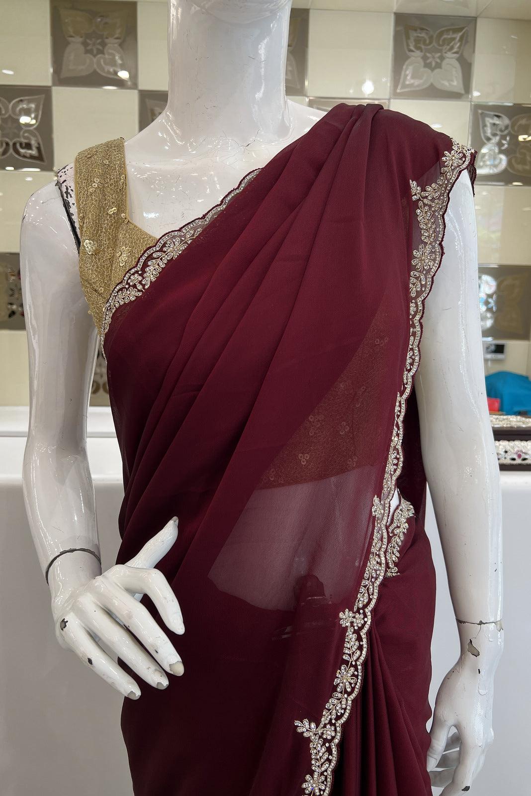 Wine Stone and Zari Thread work Saree with Matching Unstitched Designer Blouse - Seasons Chennai