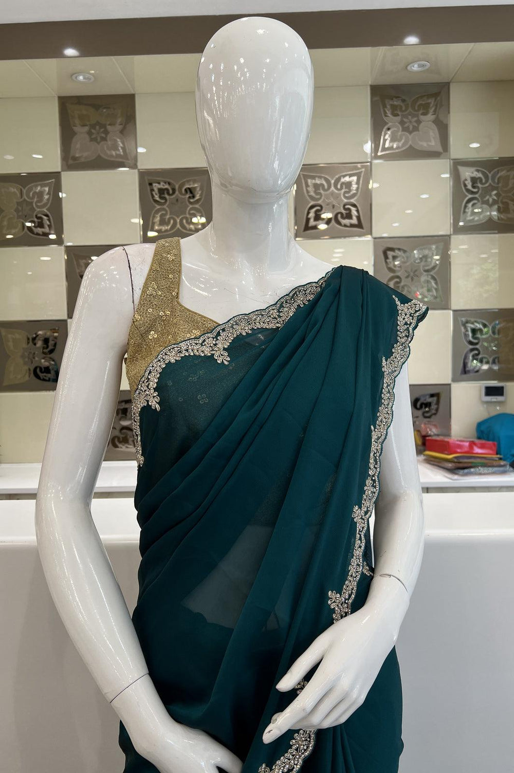 Peacock Green Stone and Zari Thread work Saree with Matching Unstitched Designer Blouse - Seasons Chennai