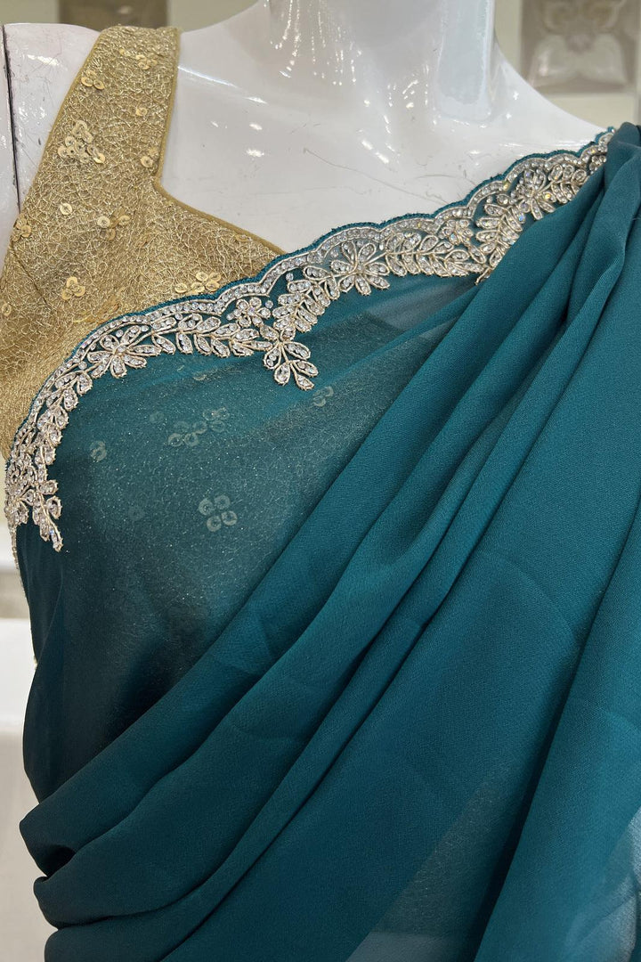 Peacock Green Stone and Zari Thread work Saree with Matching Unstitched Designer Blouse - Seasons Chennai