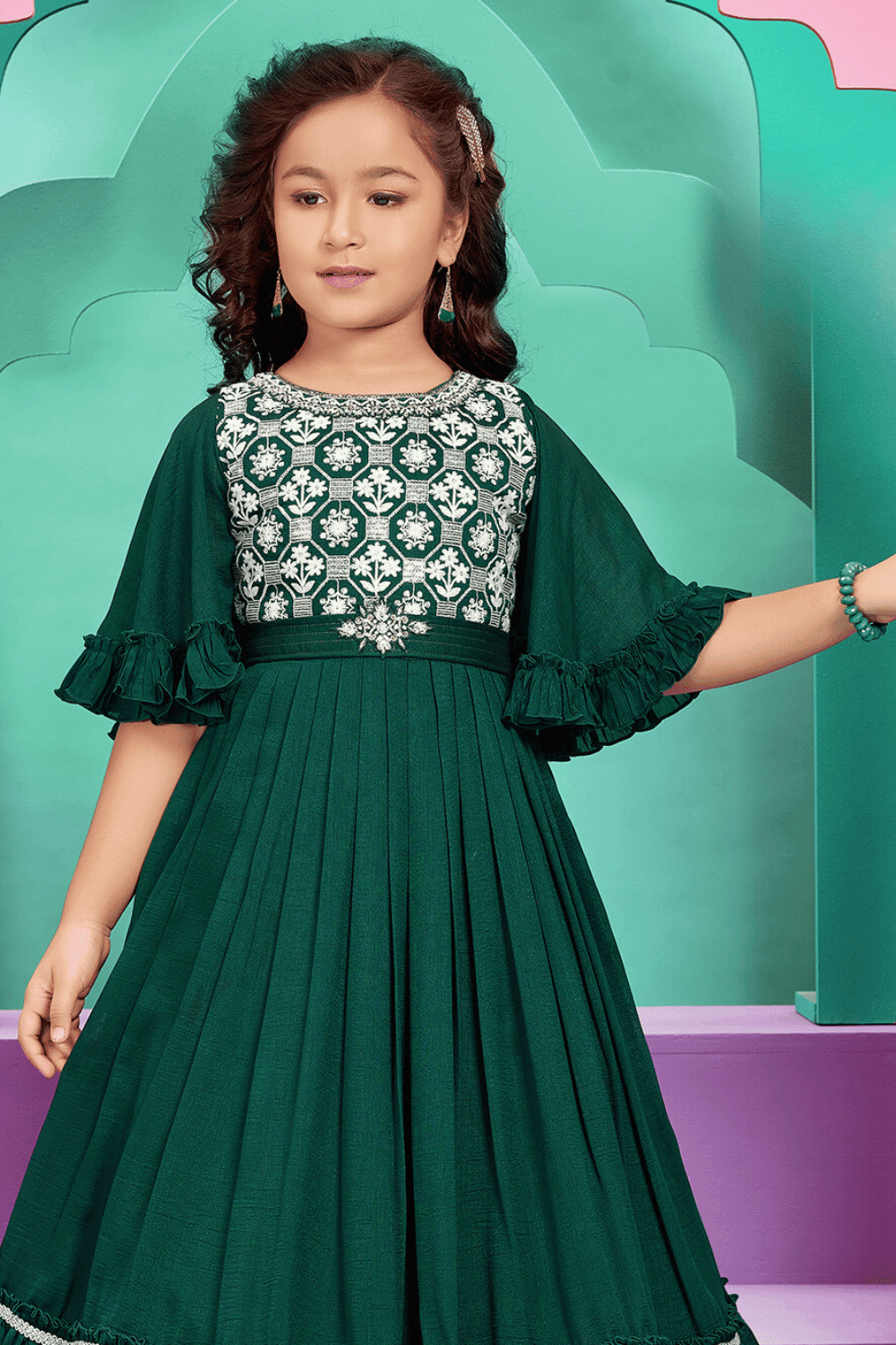 Bottle Green Embroidery, Sequins, Stone, Pearl and Zardozi work Long Party Gown for Girls - Seasons Chennai