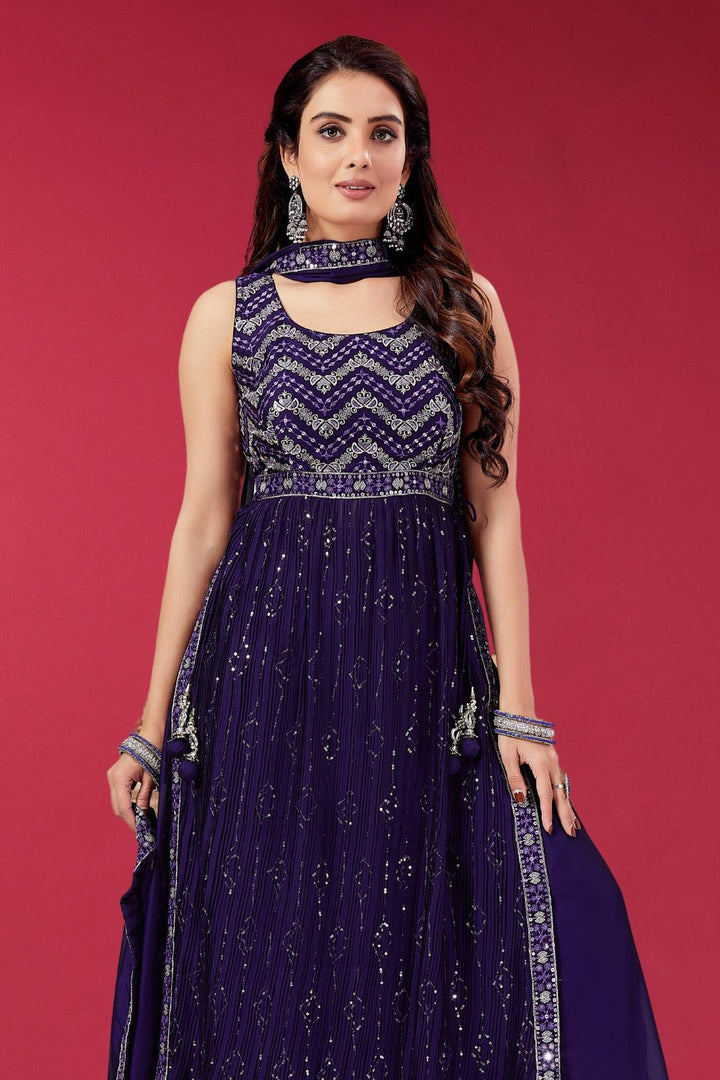 Purple Zari, Thread and Sequins work Salwar Suit with Palazzo Pants - Seasons Chennai