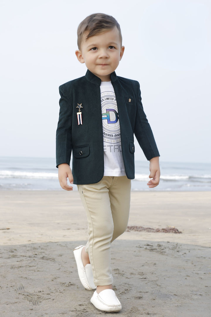 Bottle Green Waist Coat with White T-Shirt and Sandal Pant Set for Boys