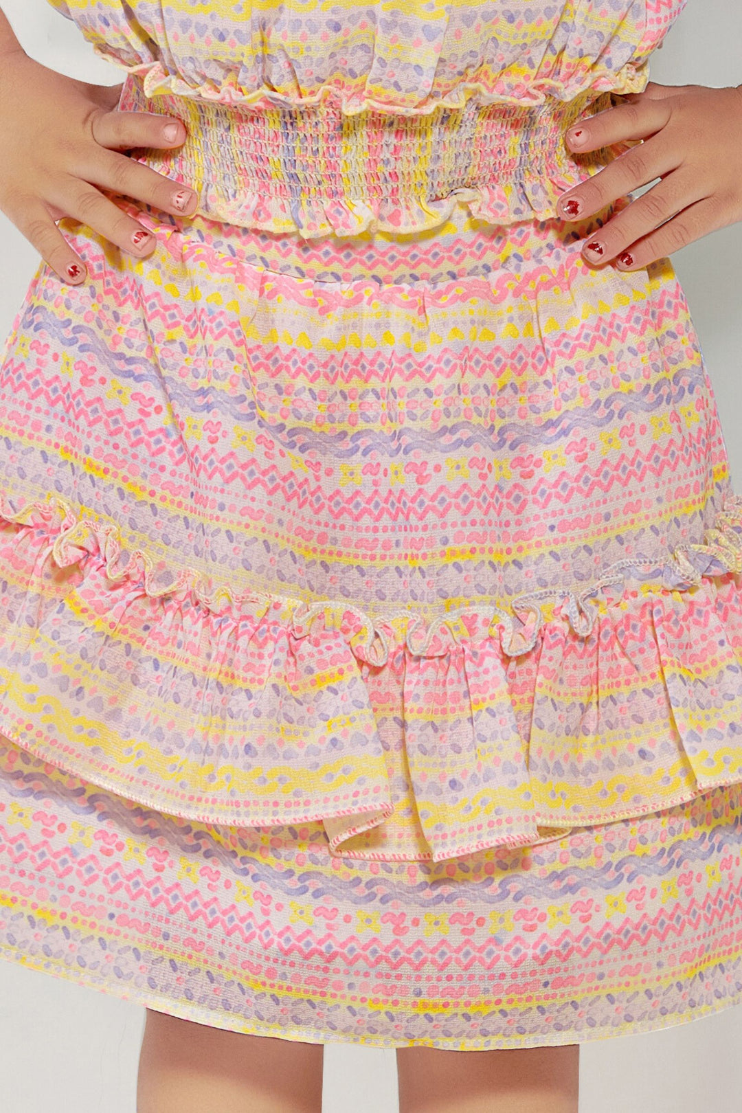 Pink with Multicolor Printed Top and Skirt for Girls