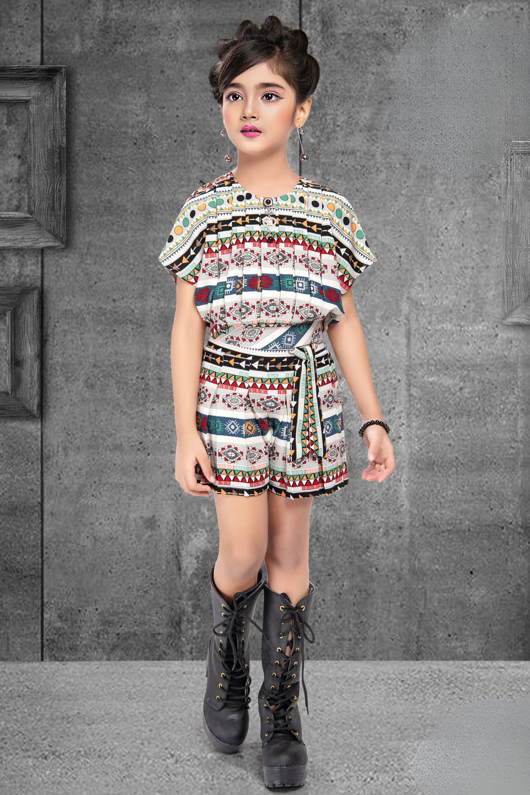 Multicolor Digital Print Kaftan Top with Shorts For Girls