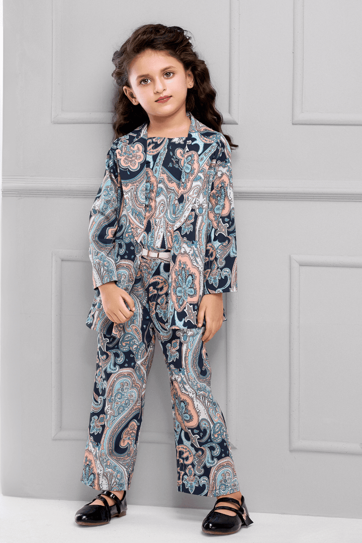 Blue with Peach Digital Print Overcoat Styled Co-ord Set for Girls - Seasons Chennai