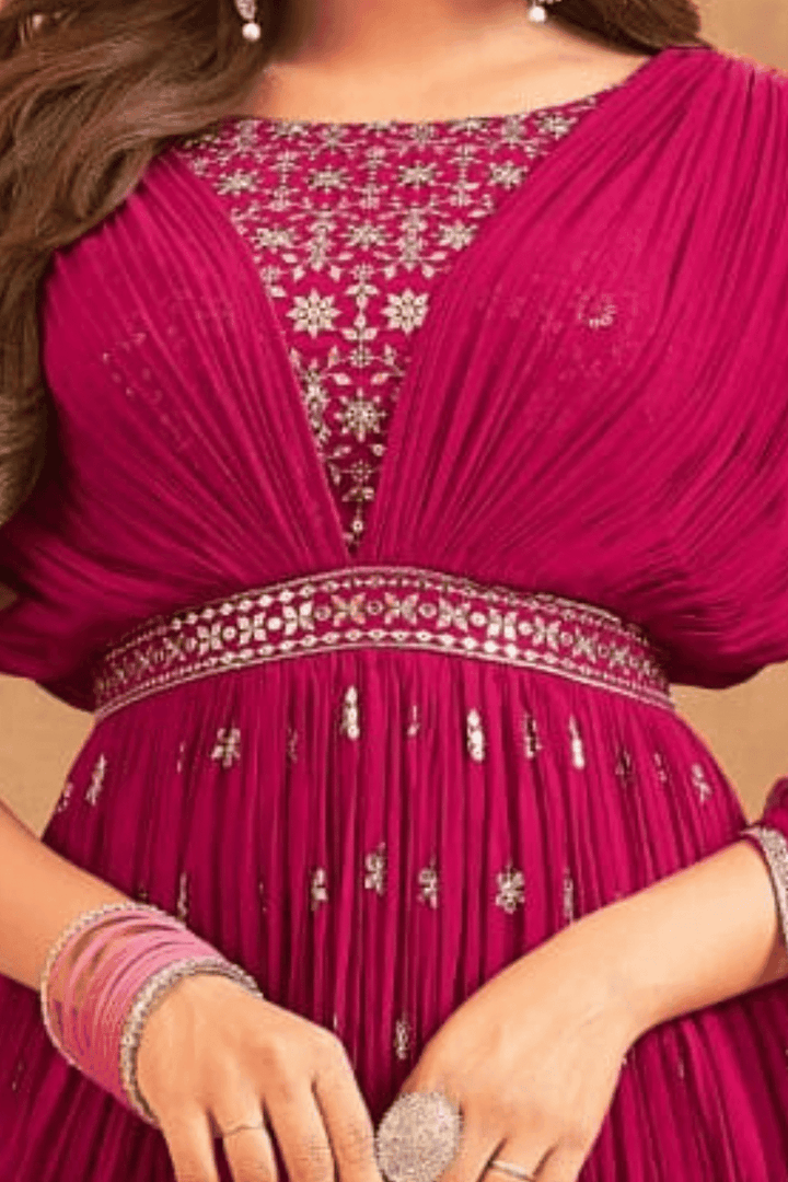 Rani Pink Silver Zari and Sequins work Poncho Style Anarkali Gown - Seasons Chennai