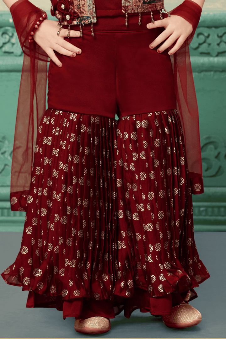 Maroon Zari and Beads work with Digital Print Overcoat Styled Sharara Set For Girls - Seasons Chennai
