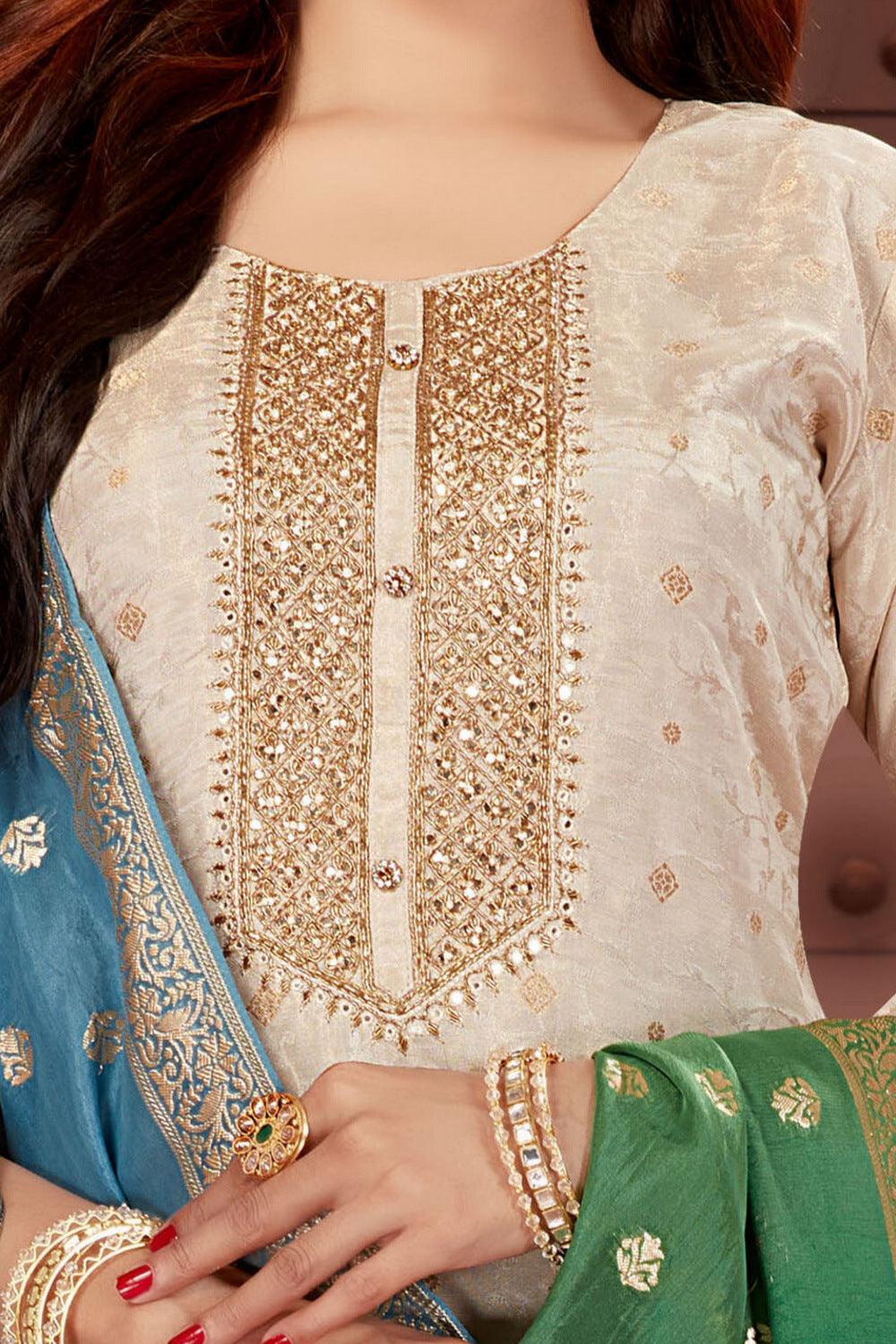 Cream Zardozi, Zari, Beads and Mirror work Straight Cut Salwar Suit - Seasons Chennai