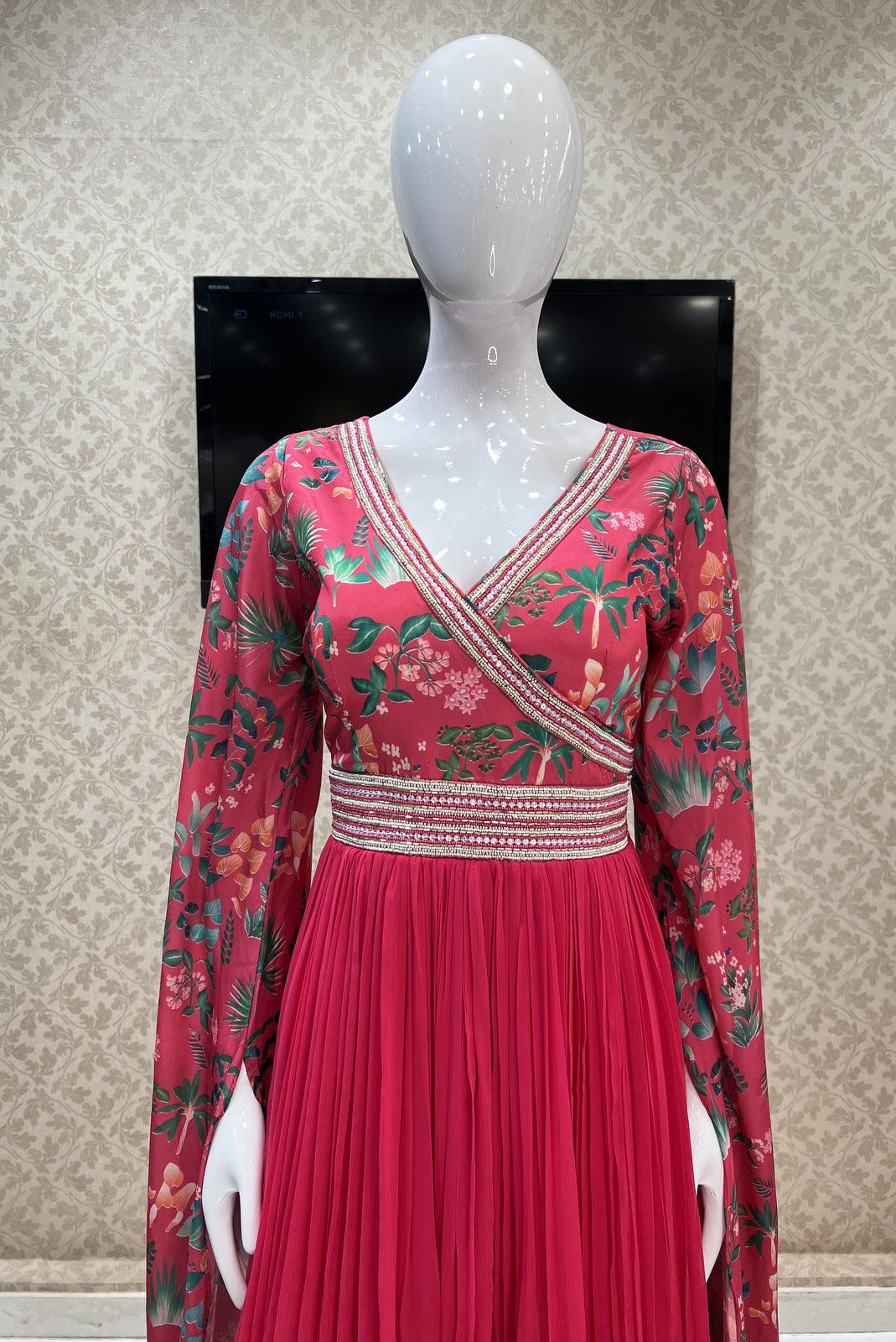 Fluorescent Pink Printed, Beads and Pearl work Floor Length Anarkali Suit - Seasons Chennai