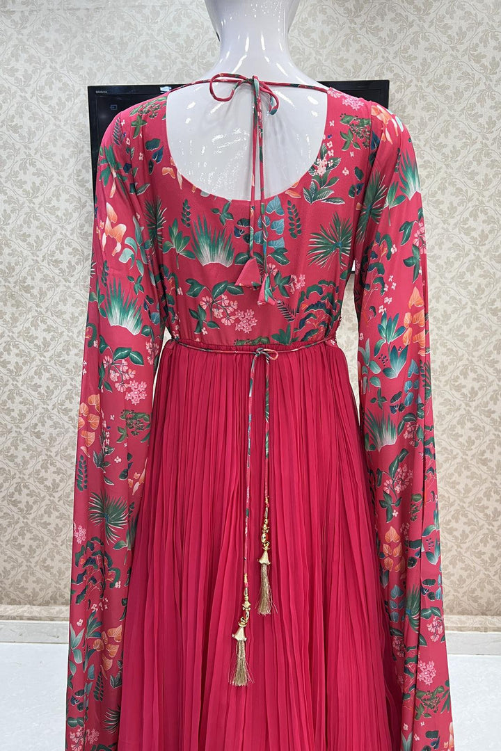 Fluorescent Pink Printed, Beads and Pearl work Floor Length Anarkali Suit - Seasons Chennai