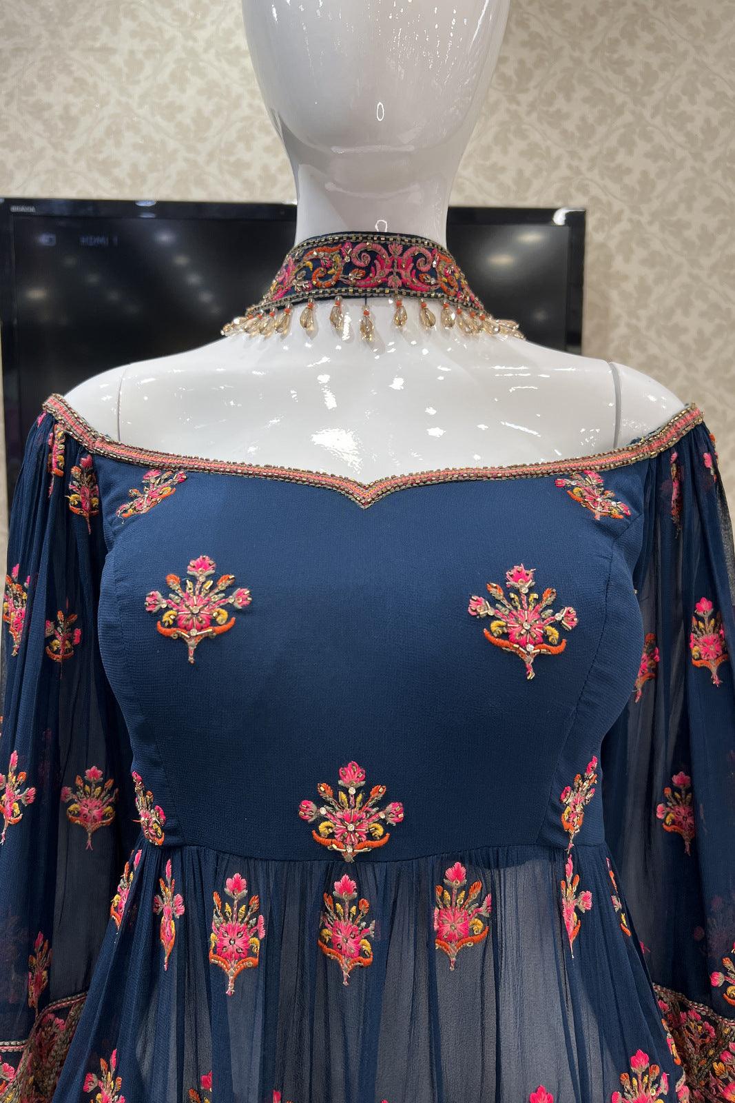 Peacock Blue Multicolor Embroidery and Beads work Peplum Top with Palazzo Suit Set - Seasons Chennai