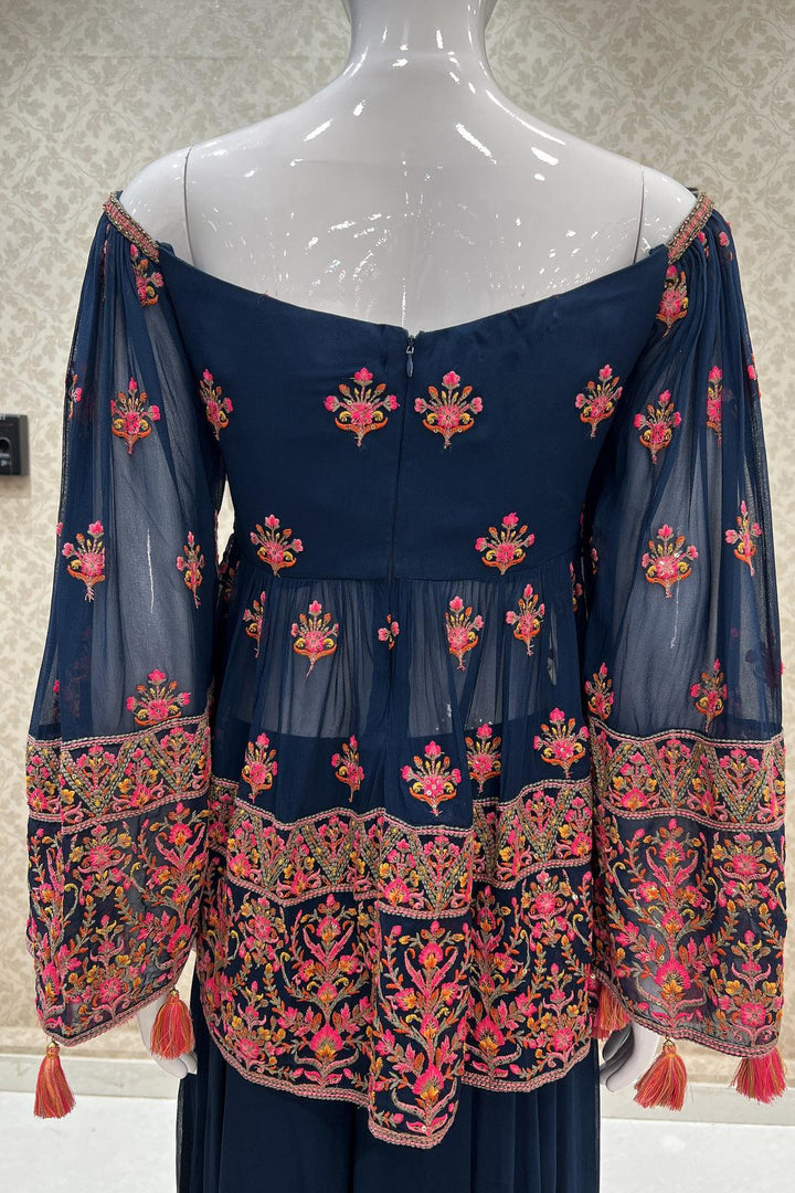 Peacock Blue Multicolor Embroidery and Beads work Peplum Top with Palazzo Suit Set - Seasons Chennai