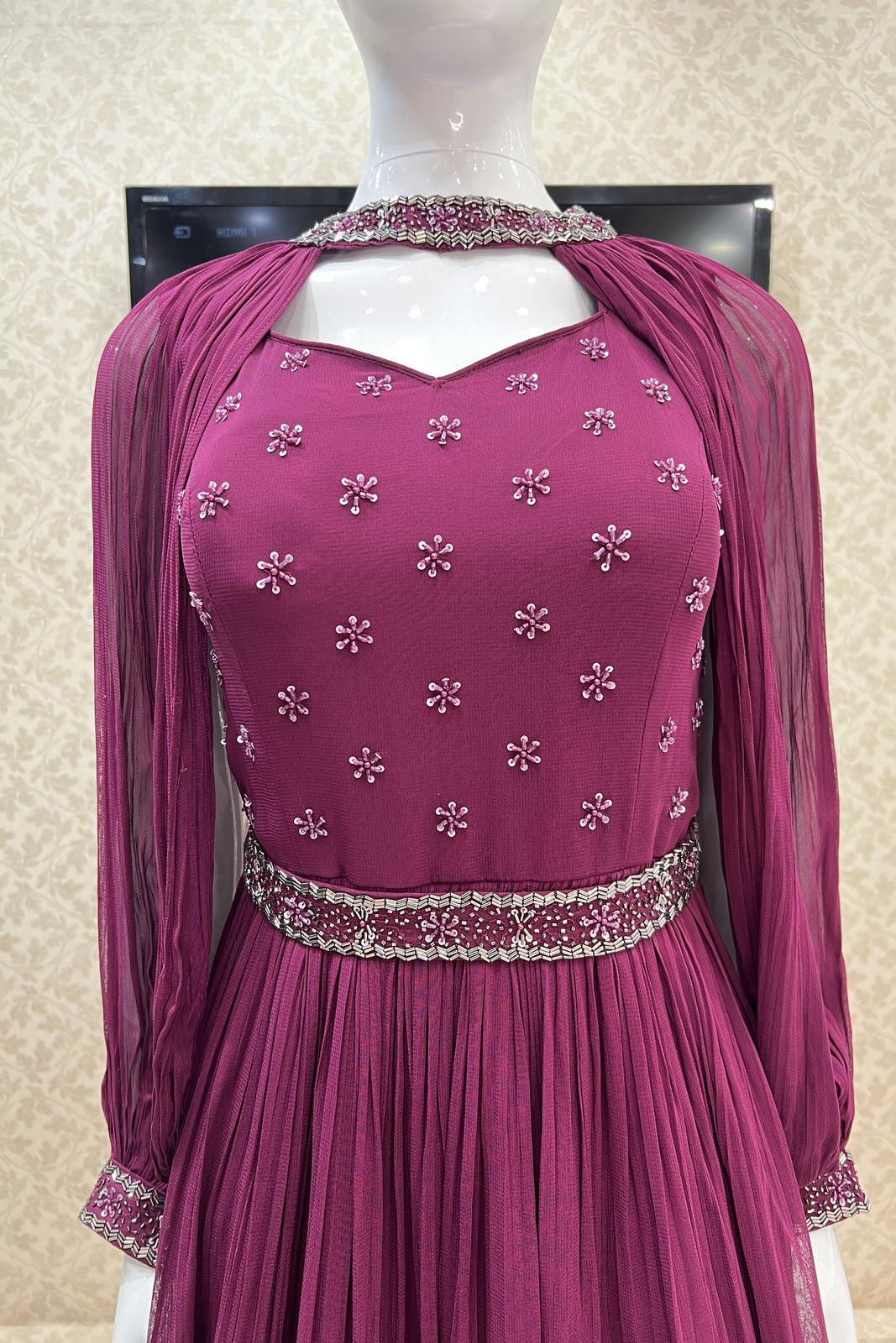Wine Beads and Sequins work Floor Length Anarkali Suit with Cape and Belt - Seasons Chennai