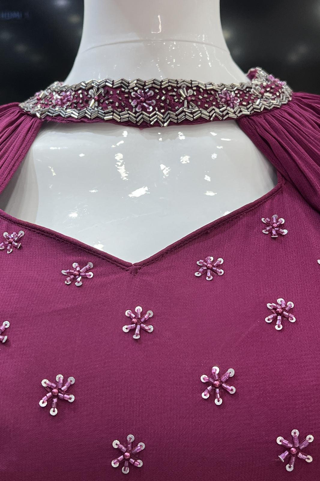 Wine Beads and Sequins work Floor Length Anarkali Suit with Cape and Belt - Seasons Chennai