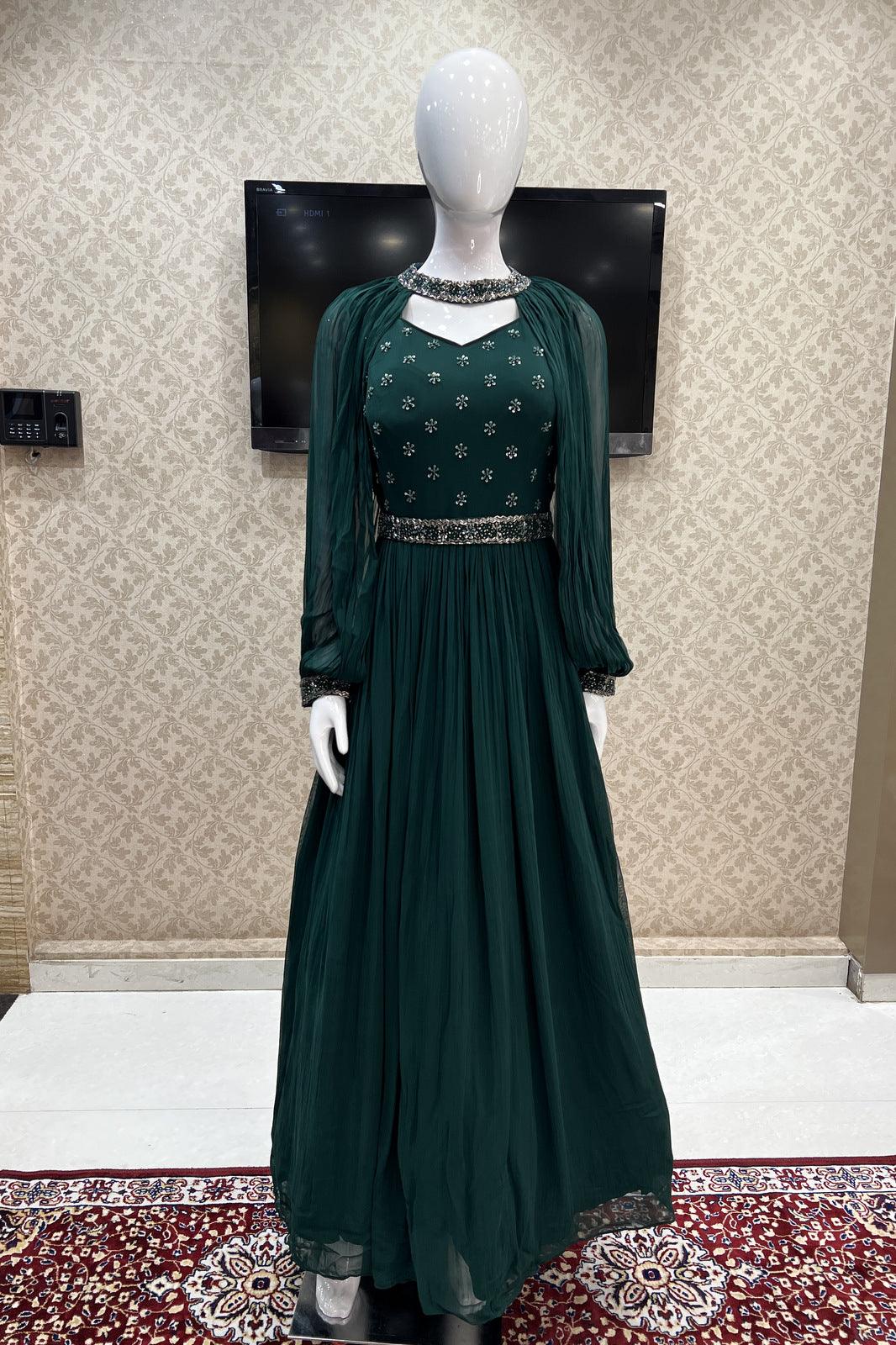 Bottle Green Beads and Sequins work Floor Length Anarkali Suit with Cape and Belt - Seasons Chennai