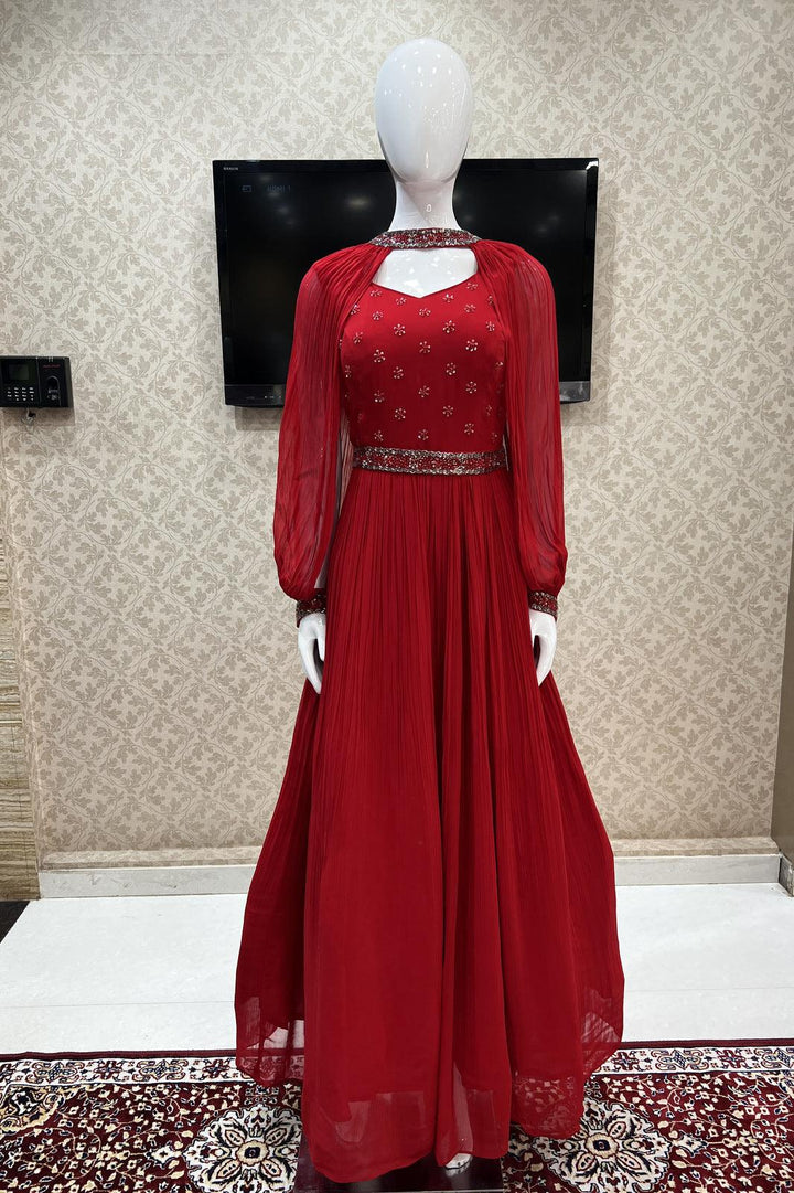 Red Beads and Sequins work Floor Length Anarkali Suit with Cape and Belt - Seasons Chennai