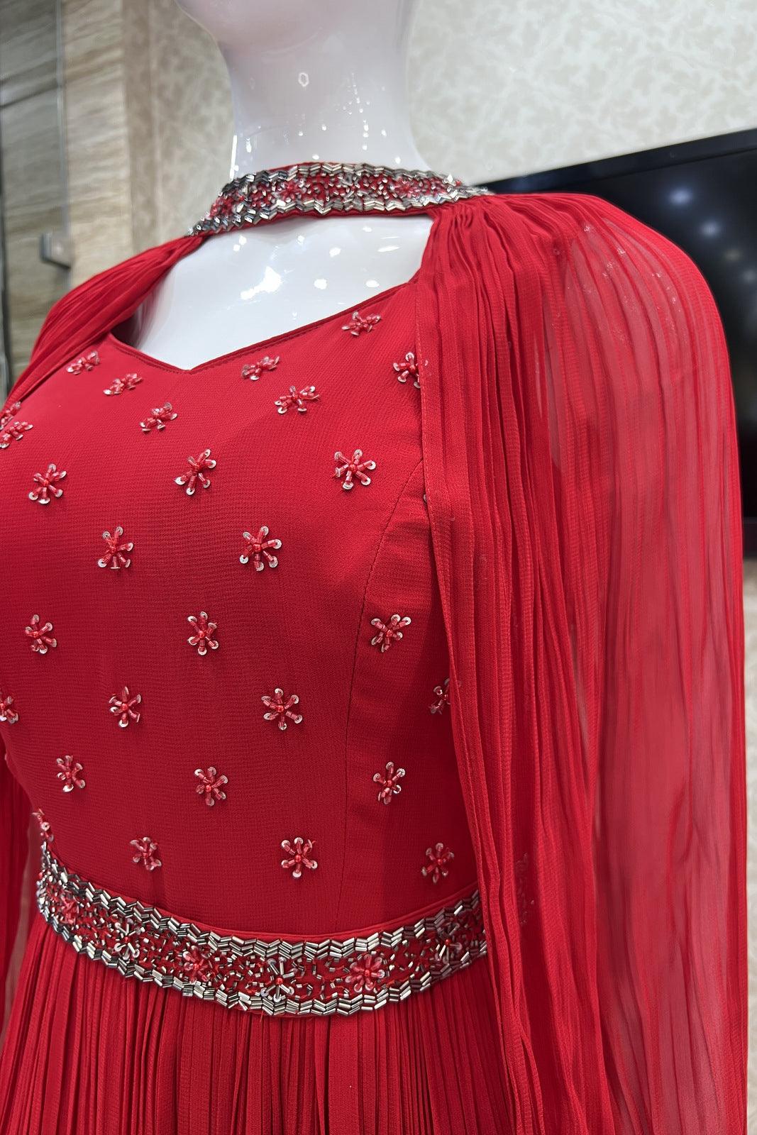 Red Beads and Sequins work Floor Length Anarkali Suit with Cape and Belt - Seasons Chennai