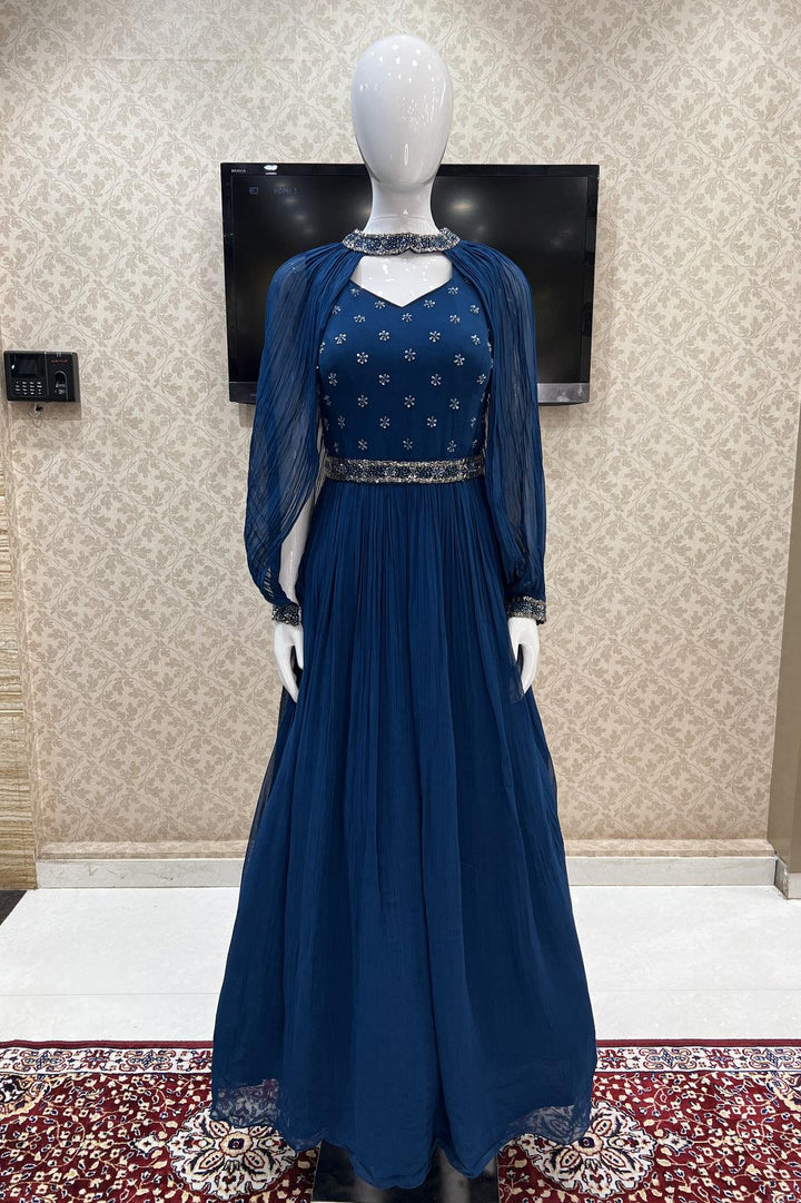 Teal Blue Beads and Sequins work Floor Length Anarkali Suit with Cape and Belt - Seasons Chennai