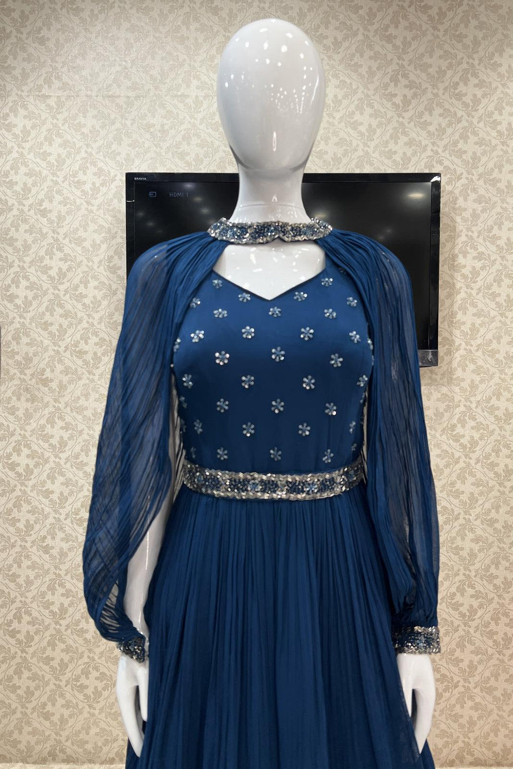 Teal Blue Beads and Sequins work Floor Length Anarkali Suit with Cape and Belt - Seasons Chennai