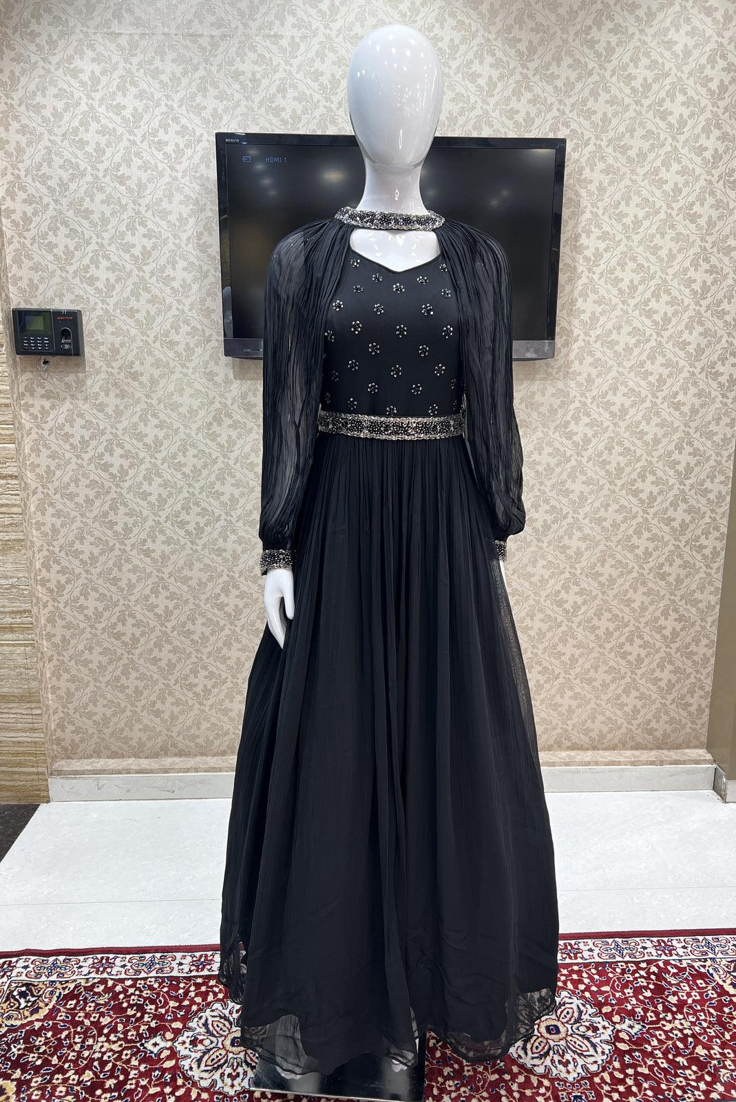Black Beads and Sequins work Floor Length Anarkali Suit with Cape and Belt - Seasons Chennai