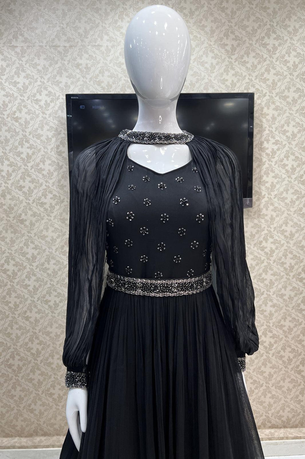 Black Beads and Sequins work Floor Length Anarkali Suit with Cape and Belt - Seasons Chennai